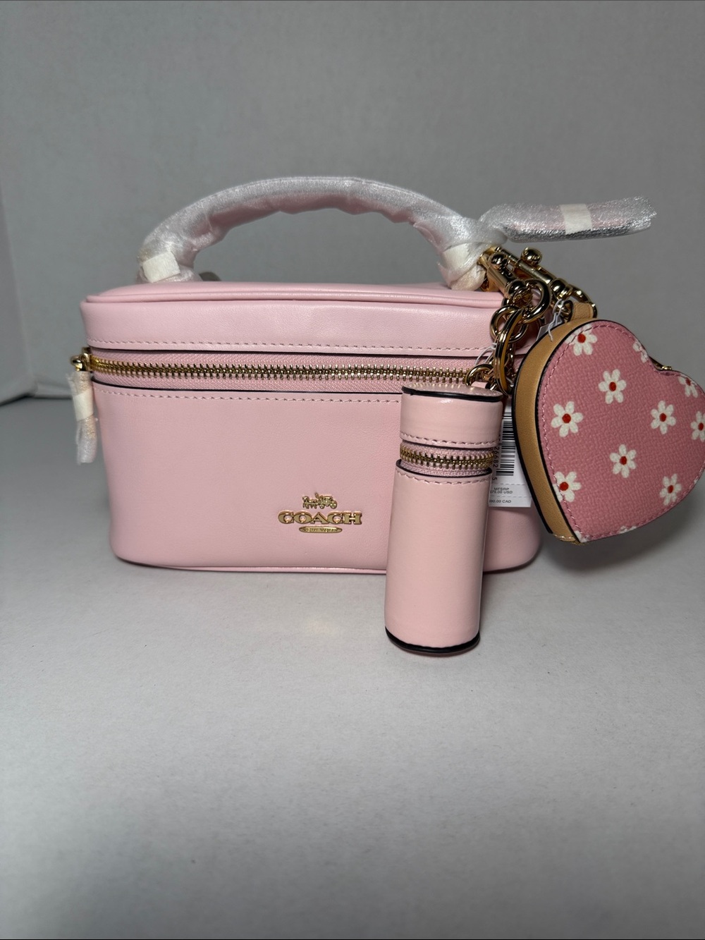 COACH Pink Mini Vanity Bag Lipstick Case Bag Charm Floral Heart Charm